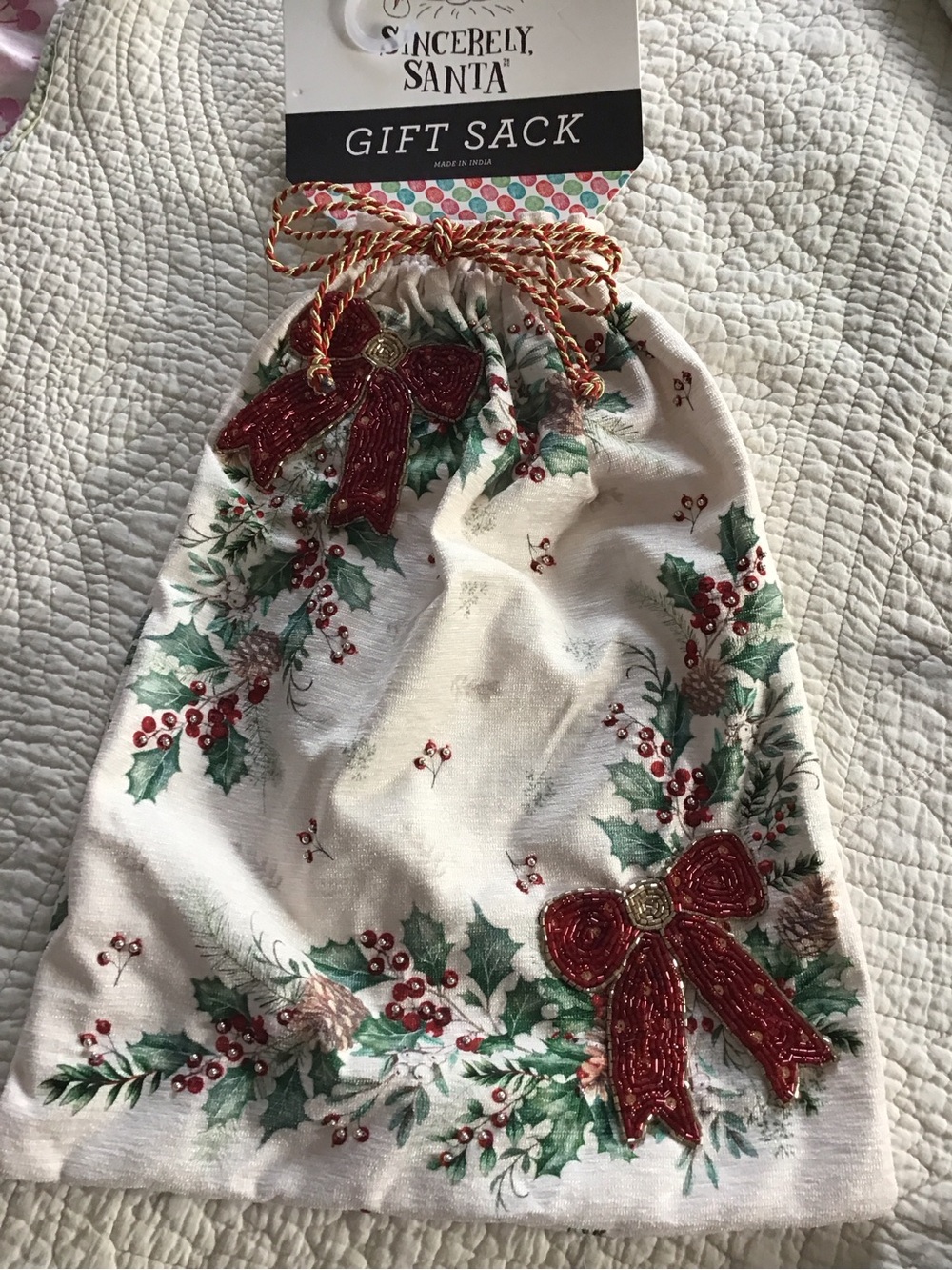 NWT Sincerely Santa Cream Holiday Gift Sack with Red Bow Accents
